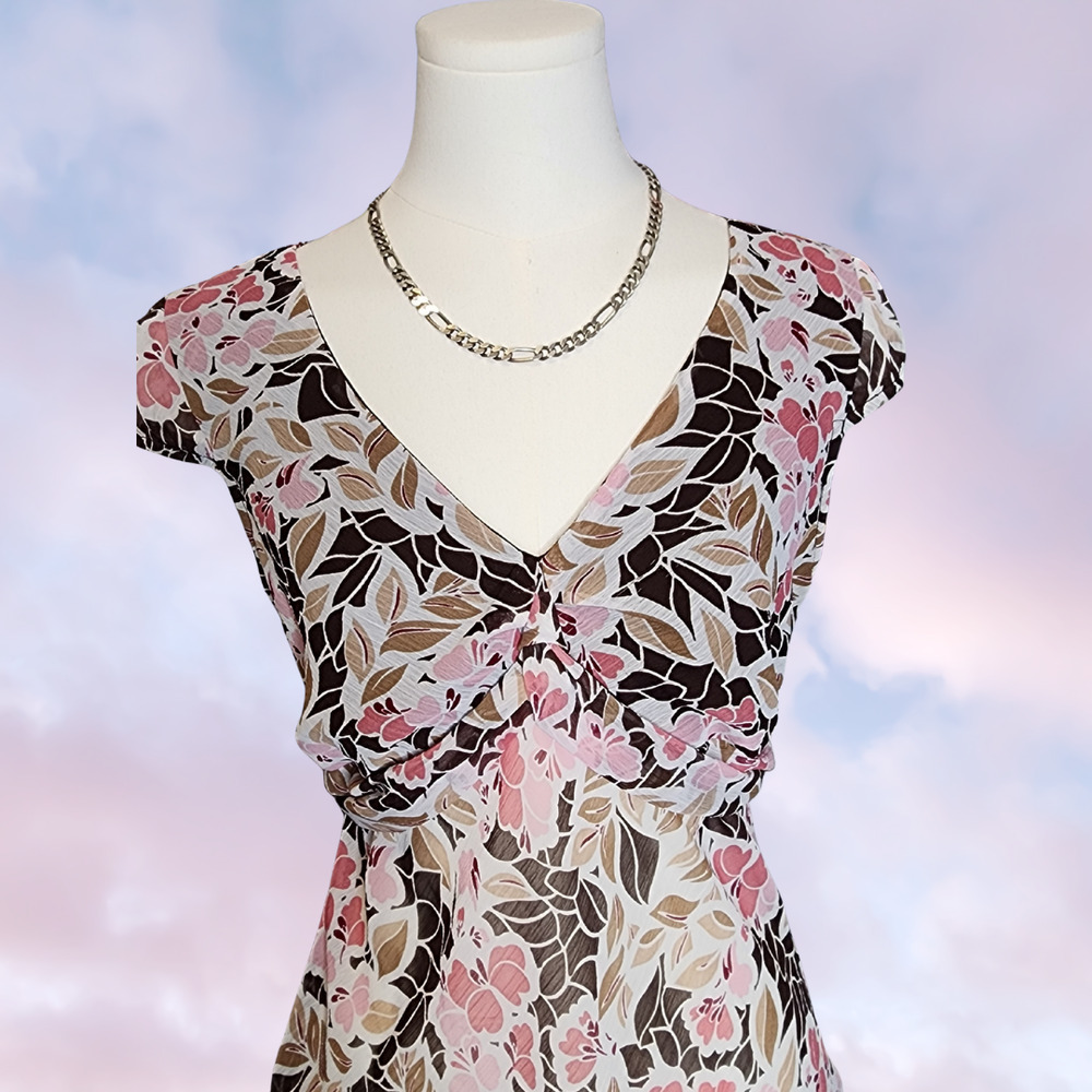 Y2k 2000 Vtg iz Byer Cali Floral Short Sleeve V-Neck Tie Back Chiffon Mesh Top L - Picture 2 of 8